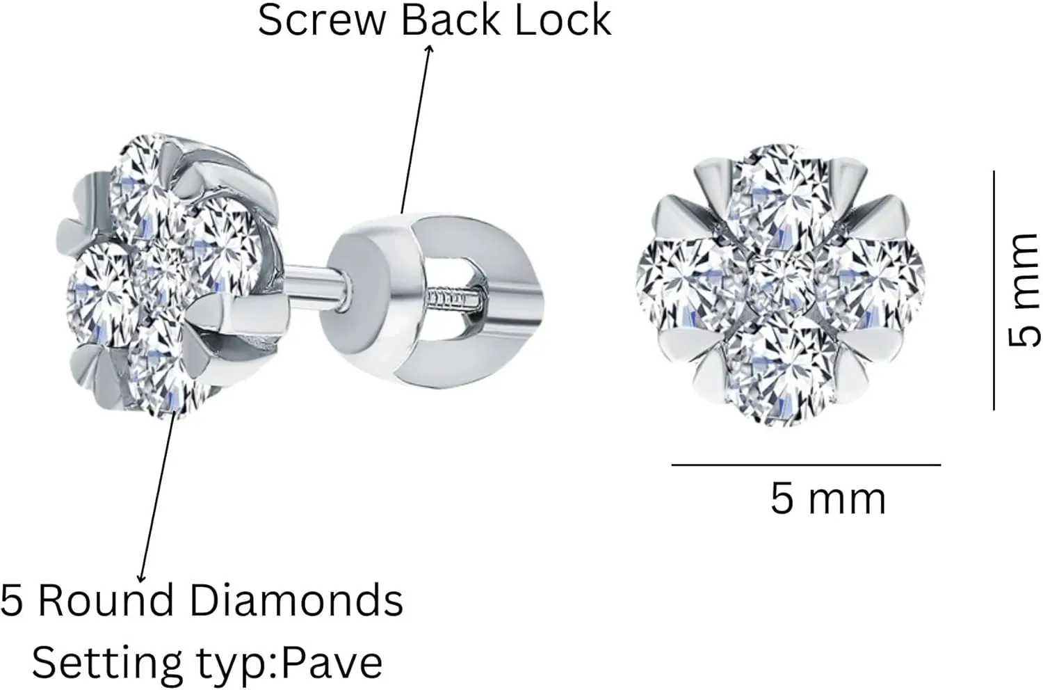14k Gold Clover Flower Cluster Stud Earring, Small Floral Diamond (0.15ct) Stud, Dainty Stacking Earring with Screw Back for Women..