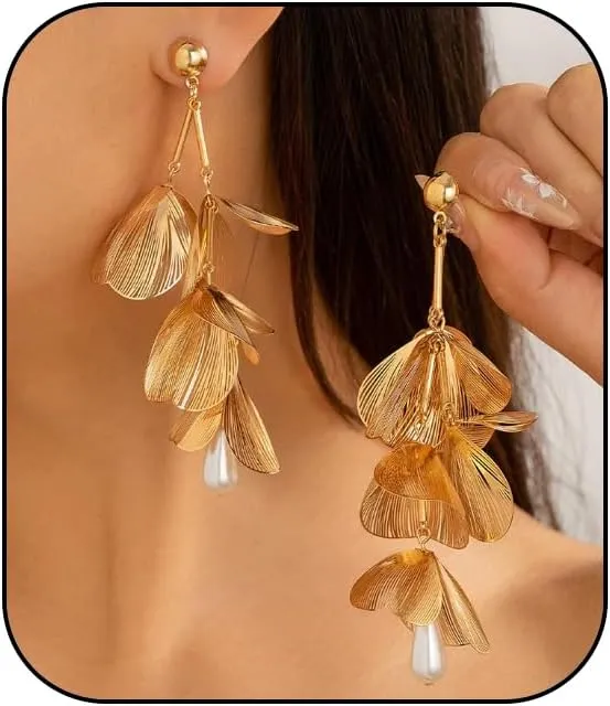 14K Gold Leaf Flower Dangle Tassel Earrings for Women, Exaggerated Large Floral Drop Statement Earrings Chunky Leaves Pearls Stud Jewelry Gifts