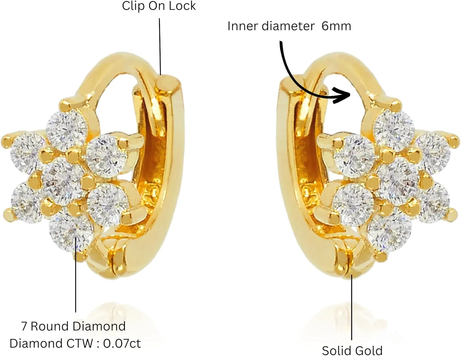 14K Gold over Diamond (0.14ct) Flower Huggie Hoop Earring, Cluster Flower Hoop Huggie Earrings, Clip on Earrings, Clover Diamond Baby Hoop, Gift for Her
