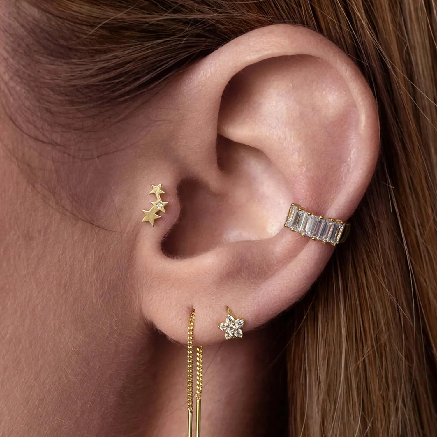 14K Gold over Diamond (0.14ct) Flower Huggie Hoop Earring, Cluster Flower Hoop Huggie Earrings, Clip on Earrings, Clover Diamond Baby Hoop, Gift for Her