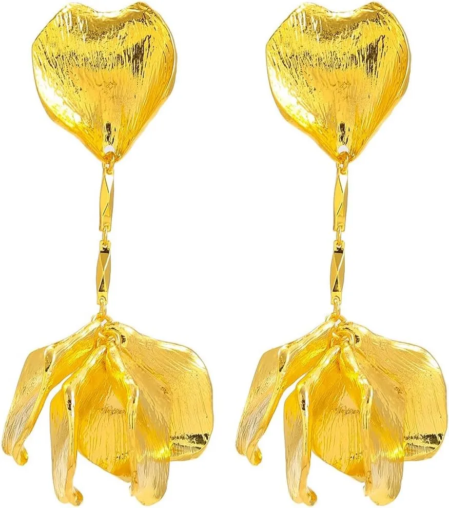 14K Gold Plated Flower Earrings for Women,Statement Ginkgo Leaf Earrings,Dainty Trendy Big Floral Earrings,Elegant Geometric Irregular Hawaiian Unique Plant Earrings Fashion Jewelry (dangle gold)