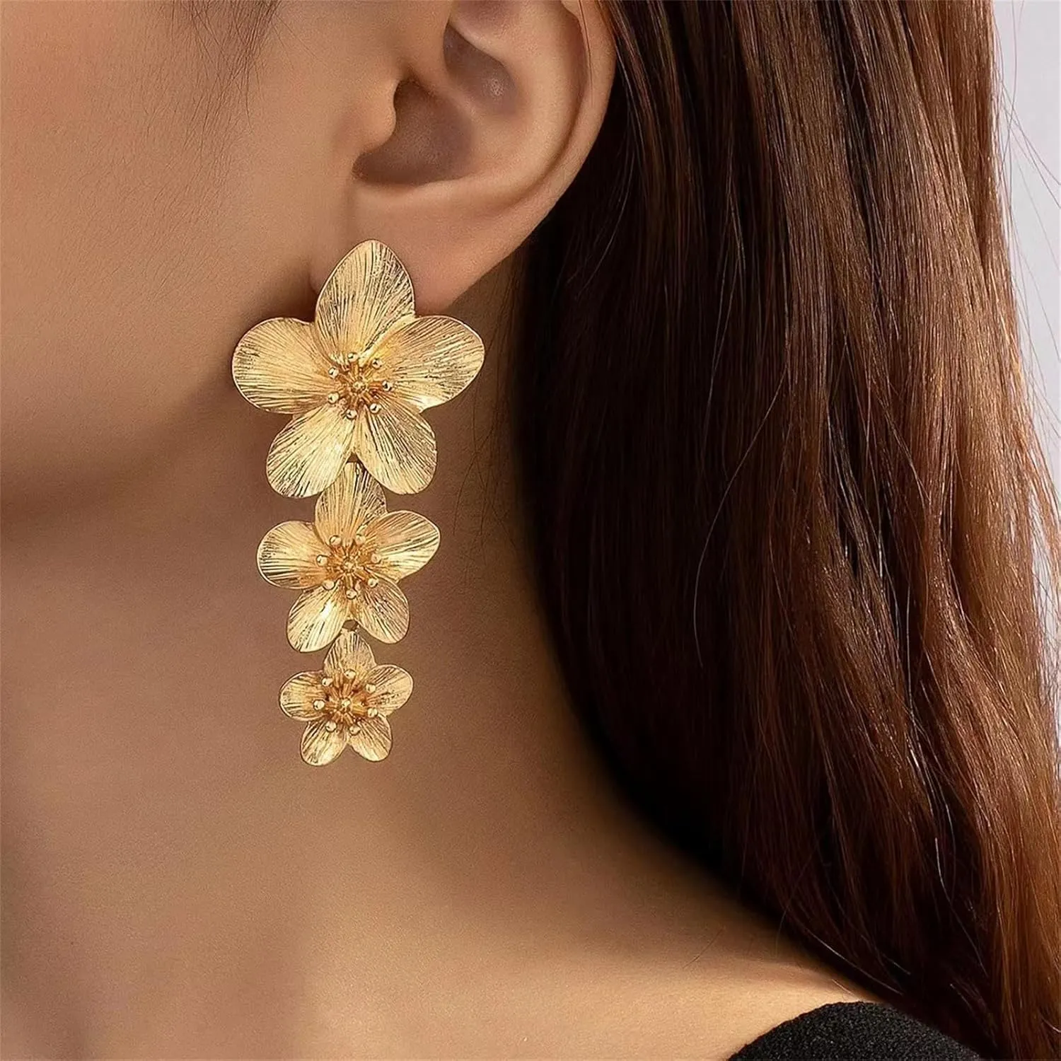 14K Gold Plated Gold Flower Earrings for Women,Boho Statement Large Double Flower Earrings Trendy Chunky Floral Stud Earrings Elegant Chic Flower Jewelry