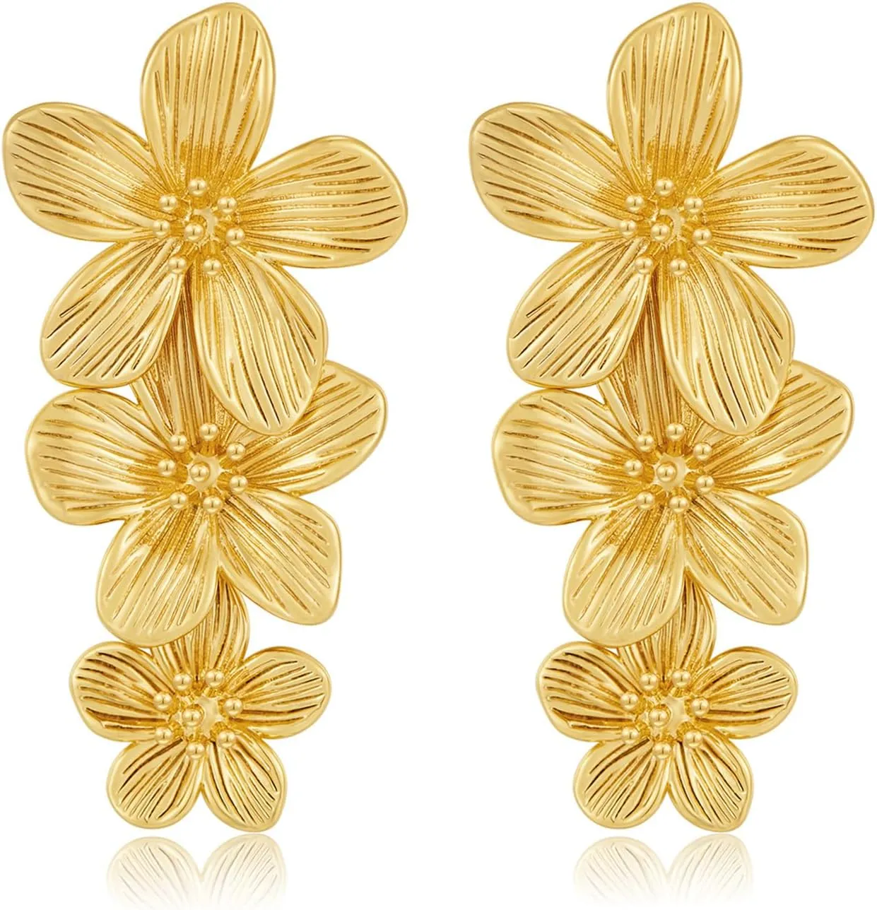14K Gold Plated Gold Flower Earrings for Women,Boho Statement Large Double Flower Earrings Trendy Chunky Floral Stud Earrings Elegant Chic Flower Jewelry