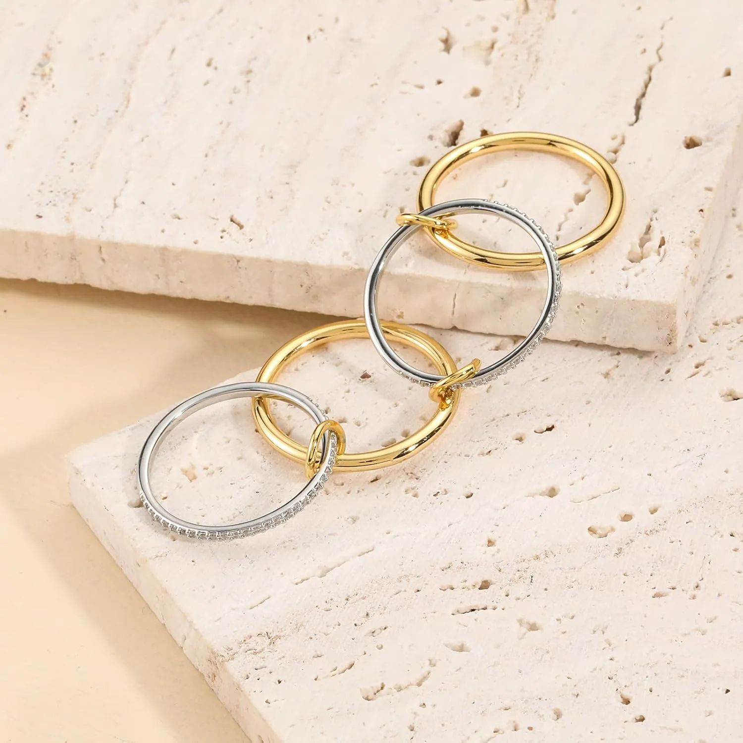 14k Gold Silver Plated Stackable Rings for Women Minimalist Moissanite Cubic Zirconia Dainty Mixed Metal Two Tone Gemstone Stacked Diamond Rings Set Non Tarnish Statement Knuckle Jewelry