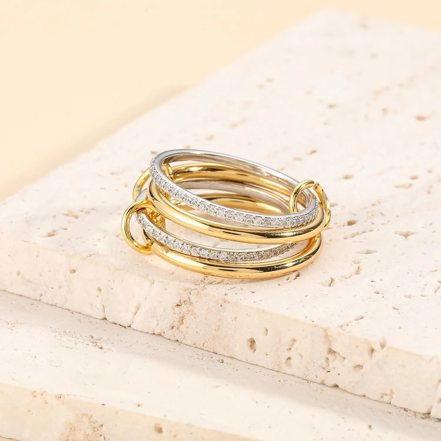 14k Gold Silver Plated Stackable Rings for Women Minimalist Moissanite Cubic Zirconia Dainty Mixed Metal Two Tone Gemstone Stacked Diamond Rings Set Non Tarnish Statement Knuckle Jewelry