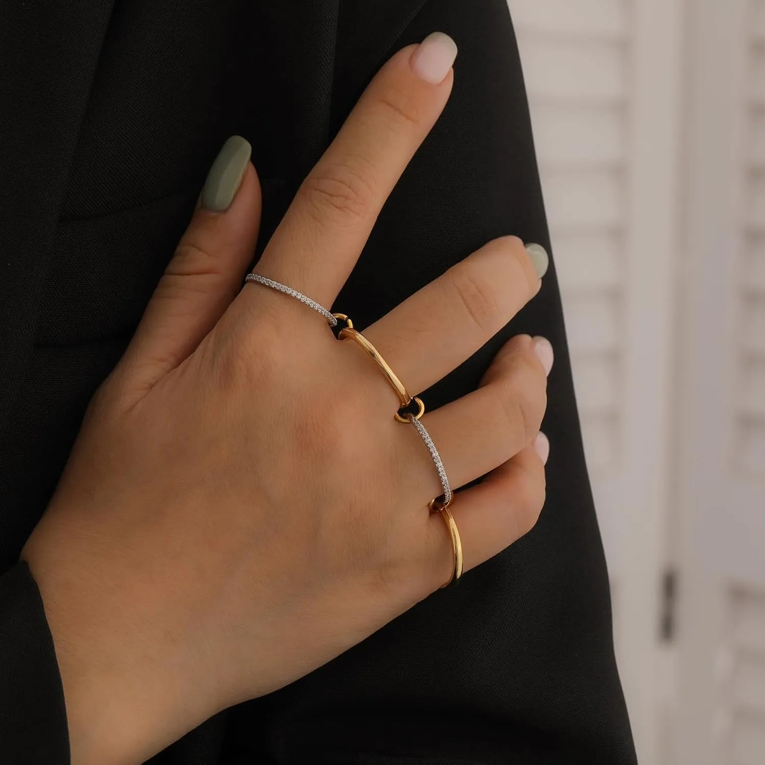 14k Gold Silver Plated Stackable Rings for Women Minimalist Moissanite Cubic Zirconia Dainty Mixed Metal Two Tone Gemstone Stacked Diamond Rings Set Non Tarnish Statement Knuckle Jewelry