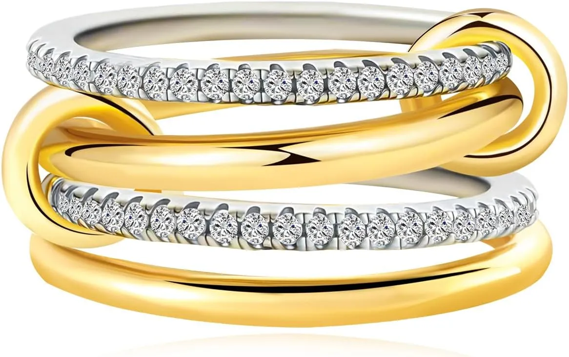 14k Gold Silver Plated Stackable Rings for Women Minimalist Moissanite Cubic Zirconia Dainty Mixed Metal Two Tone Gemstone Stacked Diamond Rings Set Non Tarnish Statement Knuckle Jewelry