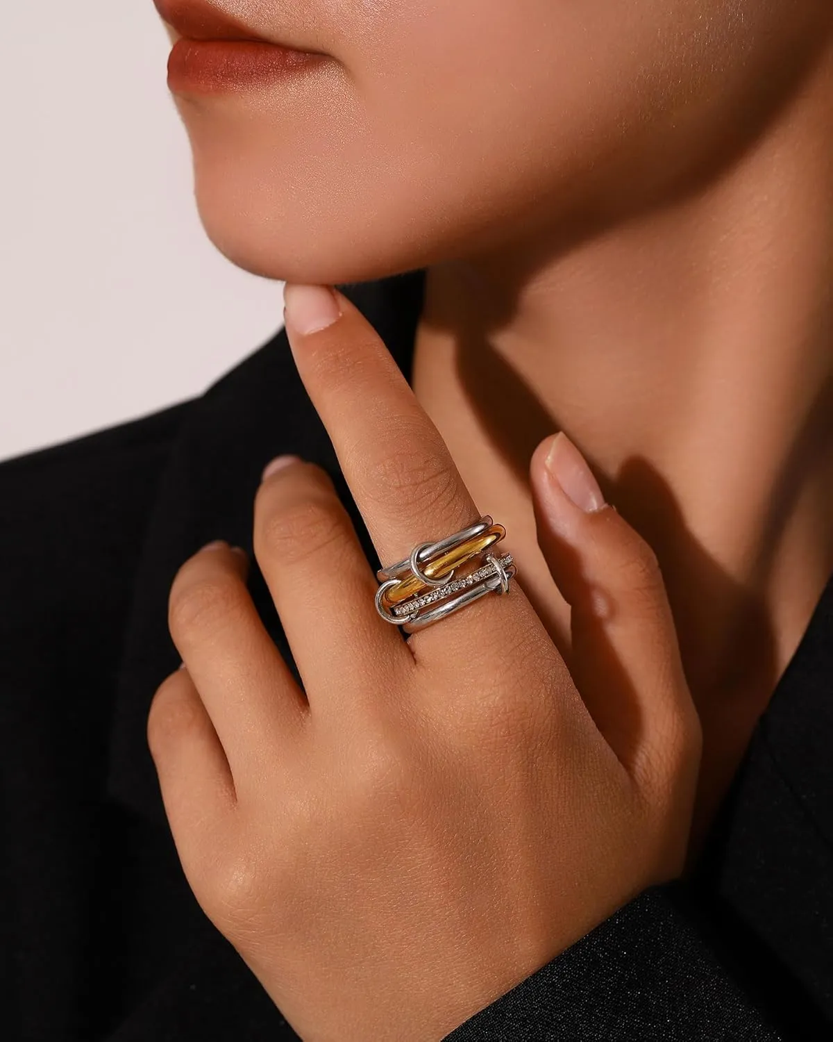 18K Gold Interlocked Stackable Rings for Women, Gold Silver Ring Stack Set, Mixed Metal Stacked, Two Tone Connected, Interlocking Statement Finger Rings Jewelry