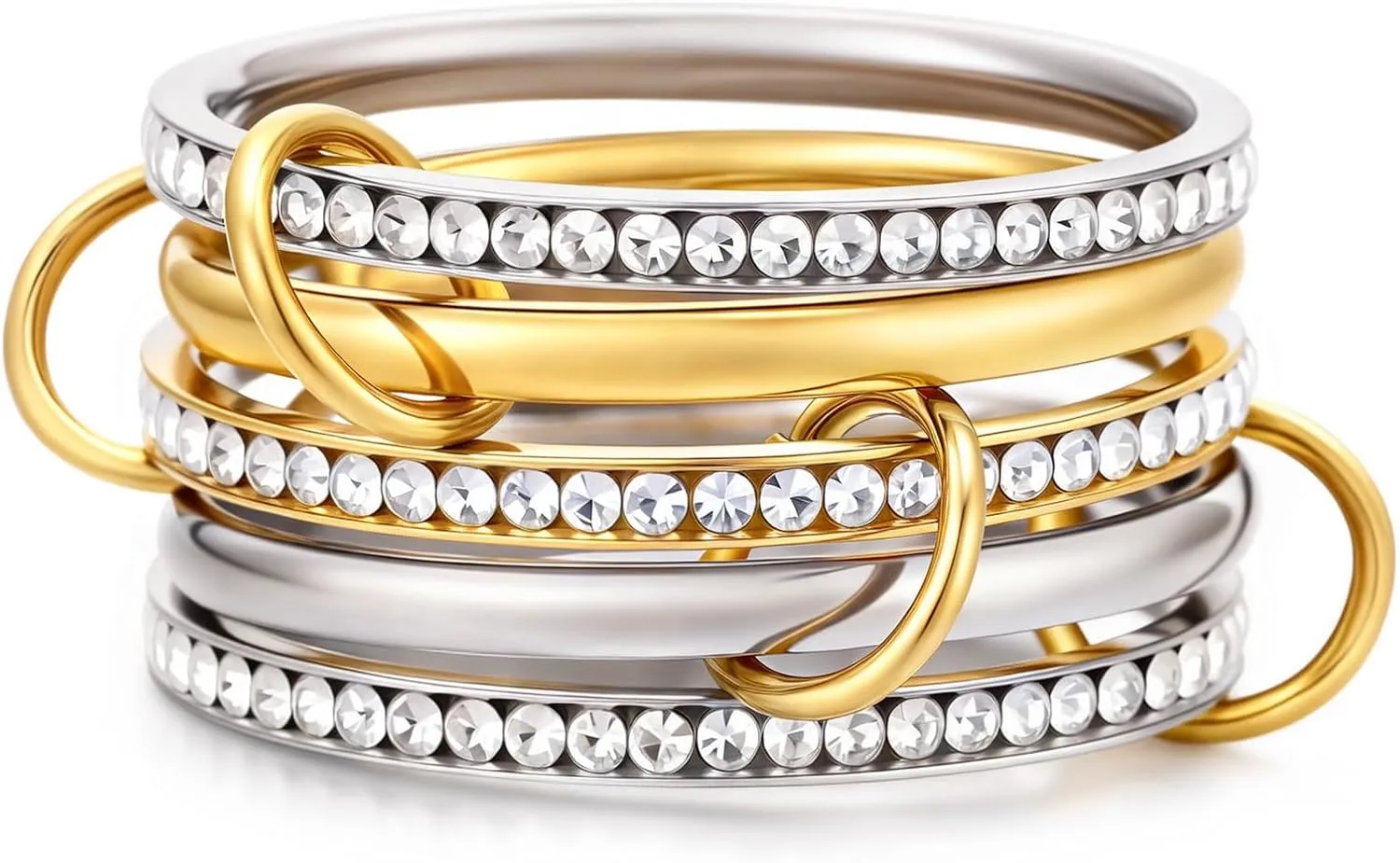18K Gold Interlocked Stackable Rings for Women, Gold Silver Ring Stack Set, Mixed Metal Stacked, Two Tone Connected, Interlocking Statement Finger Rings Jewelry