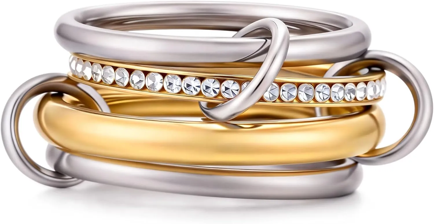 18K Gold Interlocked Stackable Rings for Women, Gold Silver Ring Stack Set, Mixed Metal Stacked, Two Tone Connected, Interlocking Statement Finger Rings Jewelry