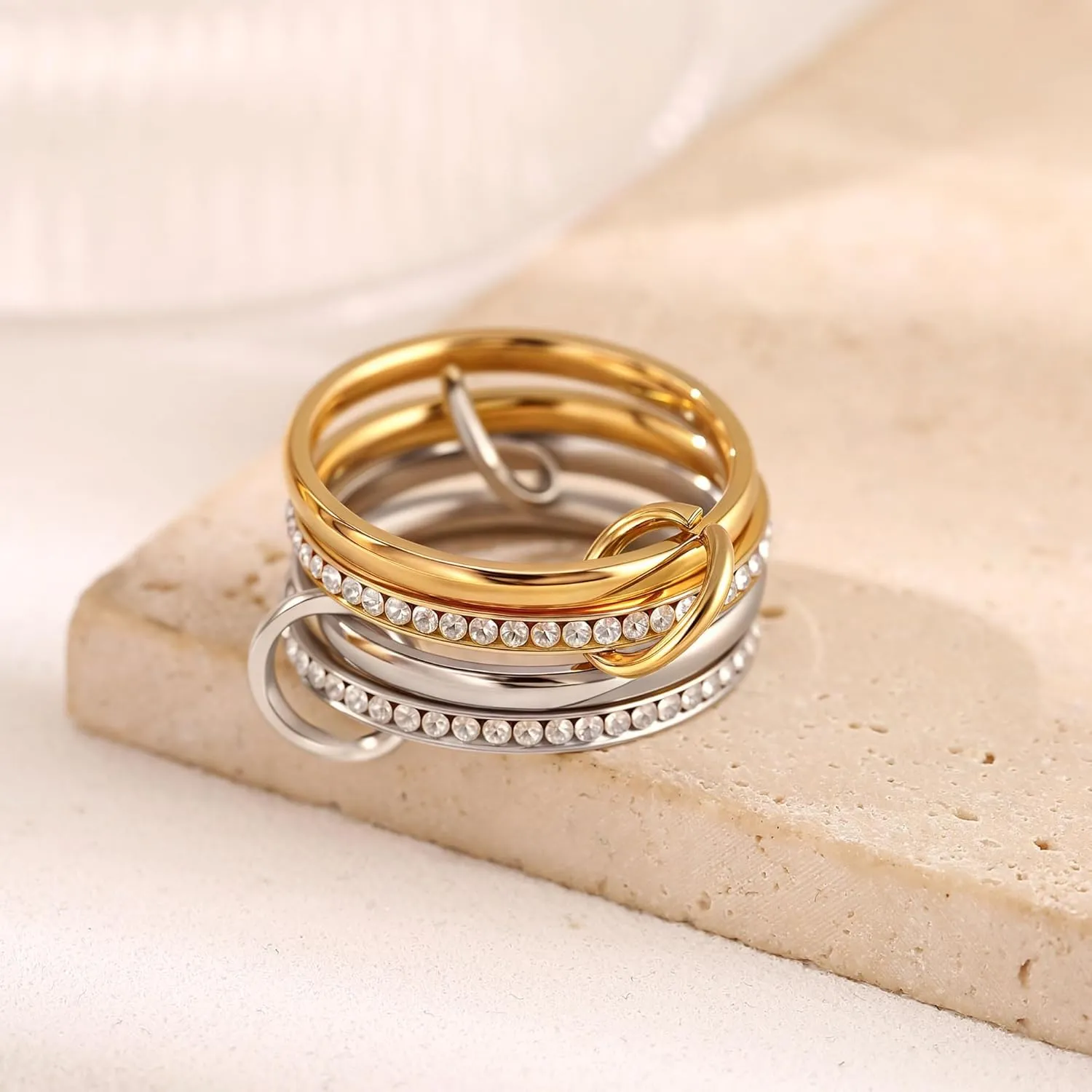 18K Gold Interlocked Stackable Rings for Women, Gold Silver Ring Stack Set, Mixed Metal Stacked, Two Tone Connected, Interlocking Statement Finger Rings Jewelry