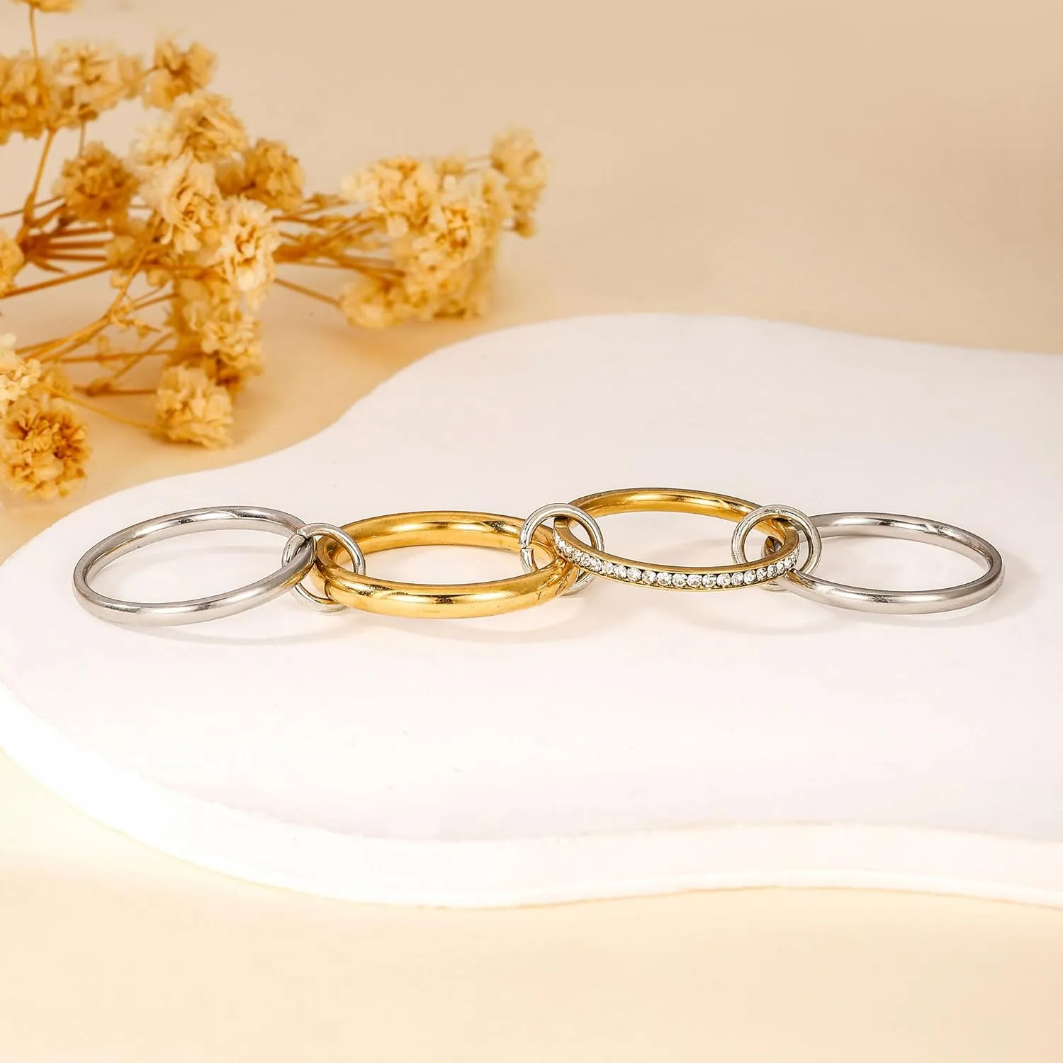 18K Gold Interlocked Stackable Rings for Women, Gold Silver Ring Stack Set, Mixed Metal Stacked, Two Tone Connected, Interlocking Statement Finger Rings Jewelry