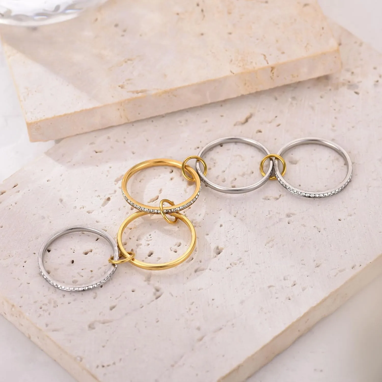 18K Gold Interlocked Stackable Rings for Women, Gold Silver Ring Stack Set, Mixed Metal Stacked, Two Tone Connected, Interlocking Statement Finger Rings Jewelry