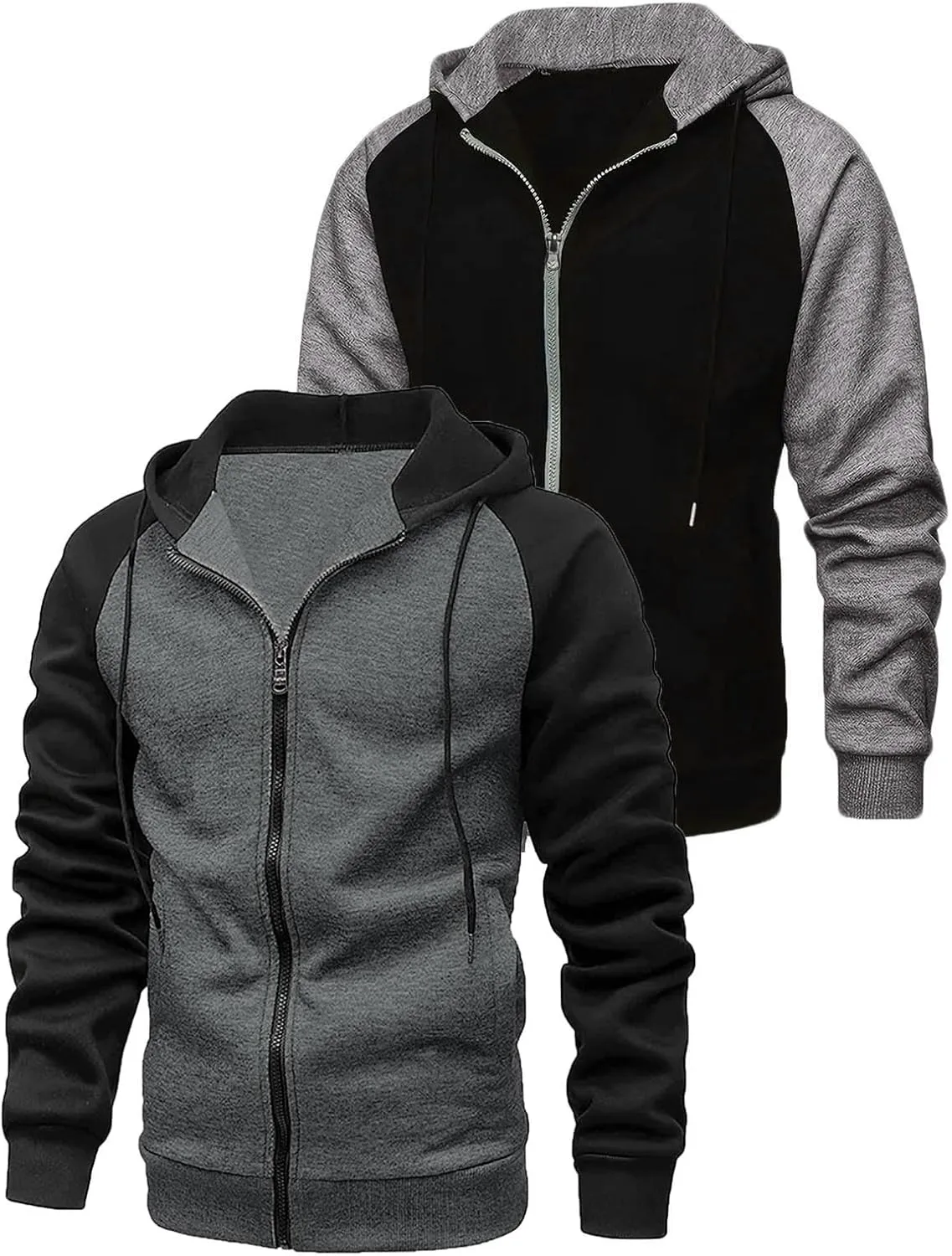 2 Pack Men's Novelty Color Block Hoodies Full Zip Track Jacket Casual Fleece Zipper Hoodie Hooded Sweatshirt