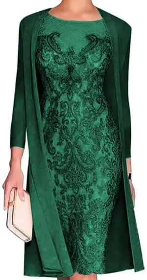 2 Pieces Mother of The Bride Dresses with Jacket Tea Length Laces Chiffon Formal Evening Gowns for Wedding Party Guest Dark Green