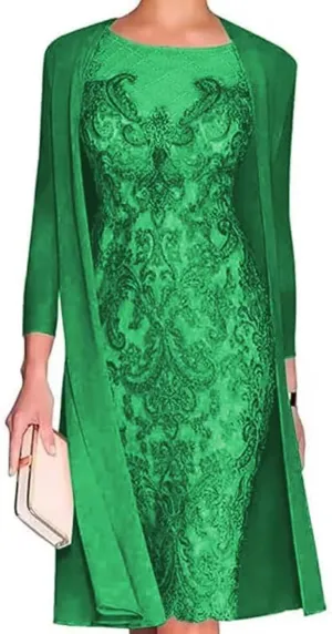 2 Pieces Mother of The Bride Dresses with Jacket Tea Length Laces Chiffon Formal Evening Gowns for Wedding Party Guest Green
