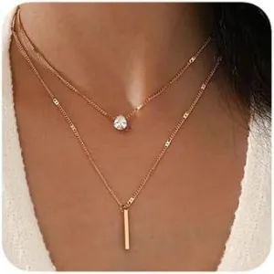 2 Tier Women Boho Layered Necklaces Gold Silver Dainty Rhinestones Layered Choker Necklaces Fashion Pendant Multilayer Adjustable Layering Chain Necklaces for Women