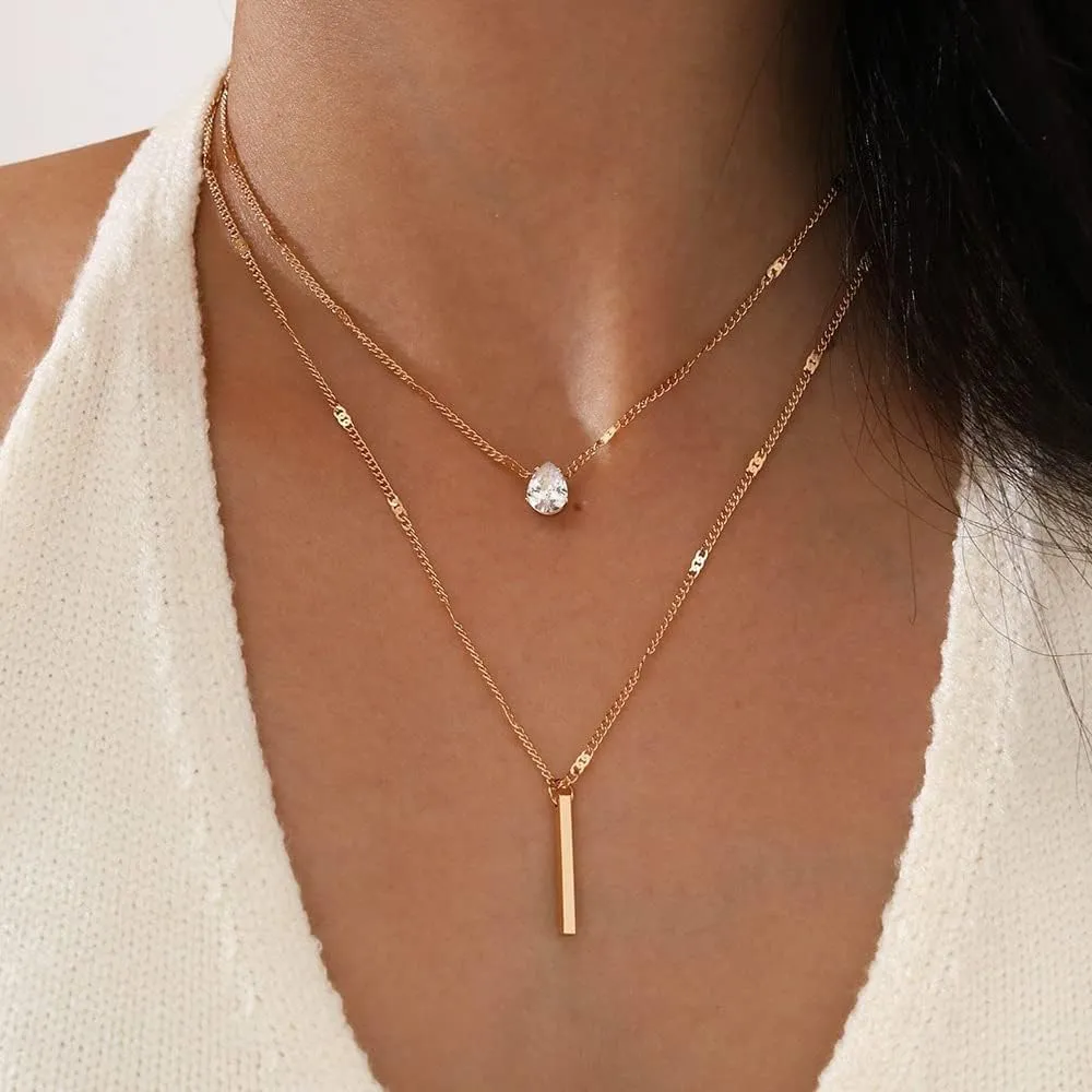 2 Tier Women Boho Layered Necklaces Gold Silver Dainty Rhinestones Layered Choker Necklaces Fashion Pendant Multilayer Adjustable Layering Chain Necklaces for Women