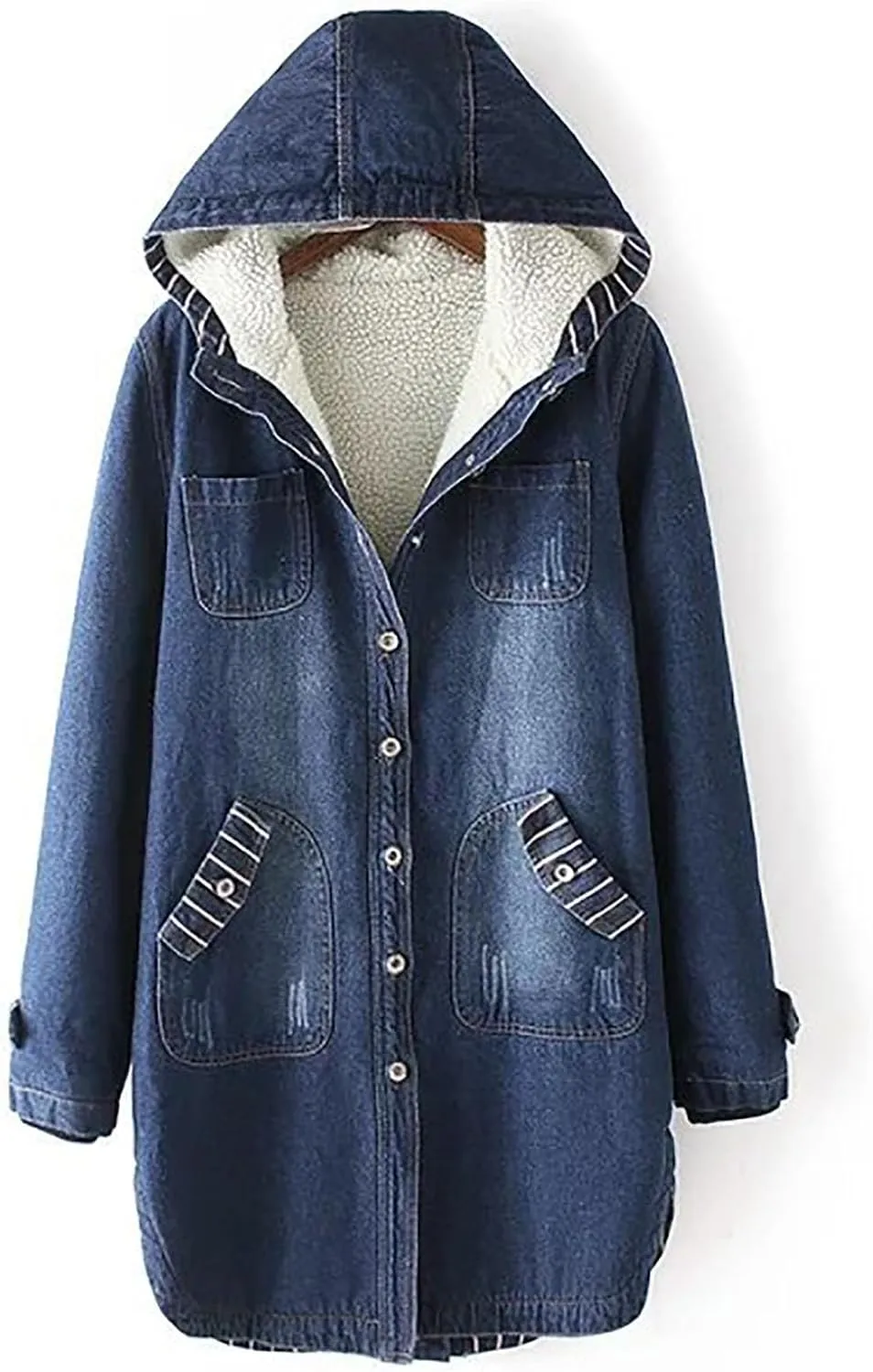 2024 New Women's Hoodies Button Down Sherpa Fleece Lined Coats Mid-Long Oversized Denim Trucker Jacket Outwear
