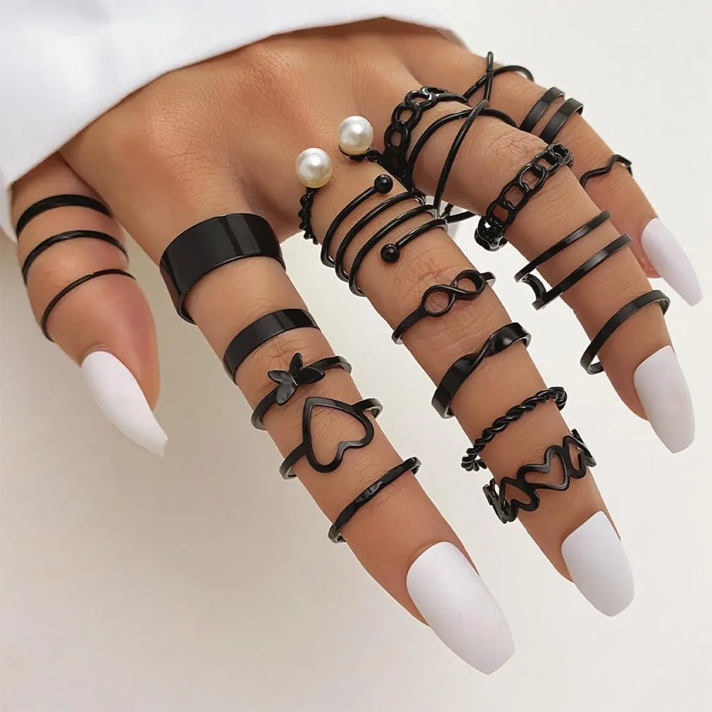 22Pcs Boho Gold Stackable Knuckle Rings Pack for Women Goth Black Stacking Adjustable Non Tarnish Finger Ring Set Trendy Silver Stacked Statement Jewelry