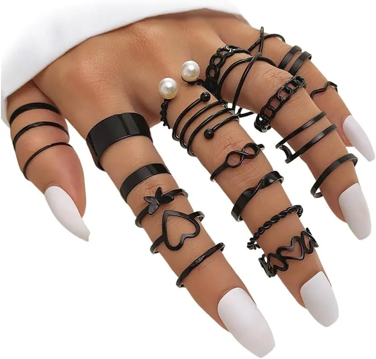 22Pcs Boho Gold Stackable Knuckle Rings Pack for Women Goth Black Stacking Adjustable Non Tarnish Finger Ring Set Trendy Silver Stacked Statement Jewelry