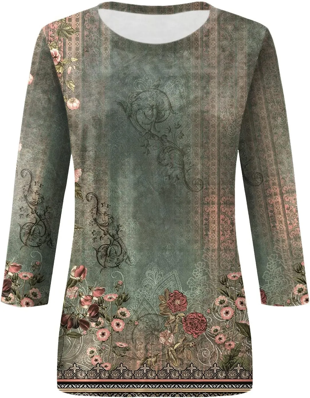 3/4 Length Sleeve Womens Tops Boho Printed Pullover Round Neck Casual Basic Blouses Loose Fit 3/4 Sleeve T Shirts