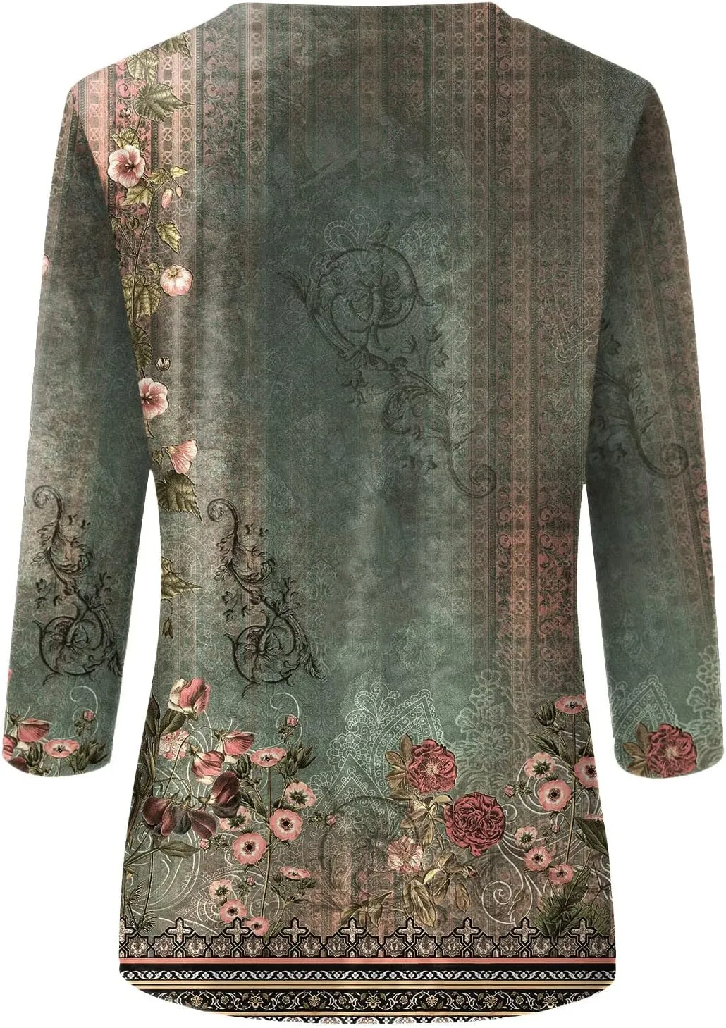 3/4 Length Sleeve Womens Tops Boho Printed Pullover Round Neck Casual Basic Blouses Loose Fit 3/4 Sleeve T Shirts