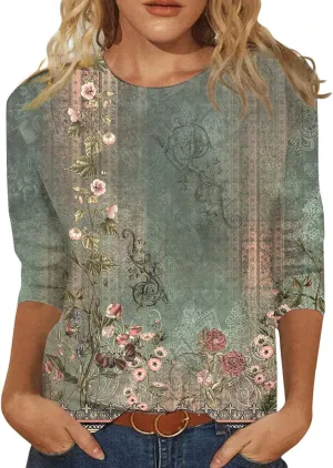 3/4 Length Sleeve Womens Tops Boho Printed Pullover Round Neck Casual Basic Blouses Loose Fit 3/4 Sleeve T Shirts