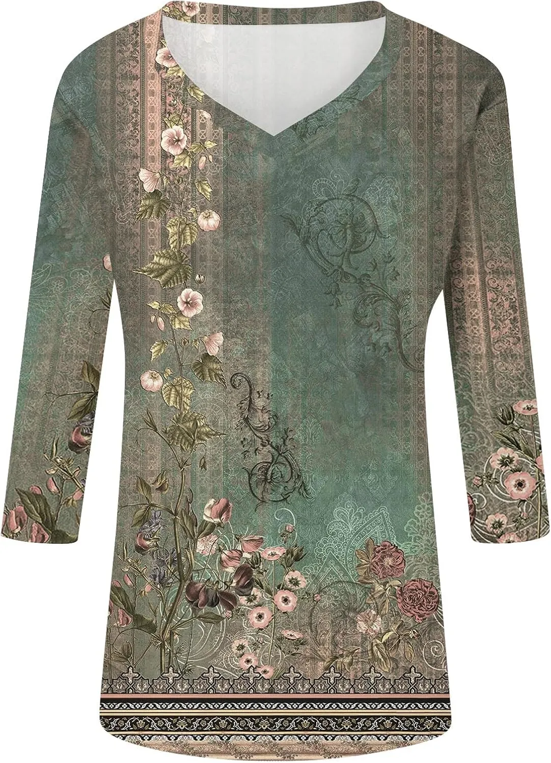 3/4 Length Sleeve Womens Tops Boho Printed V Neck T Shirts Cozy Casual Loose Plus Size Shirts