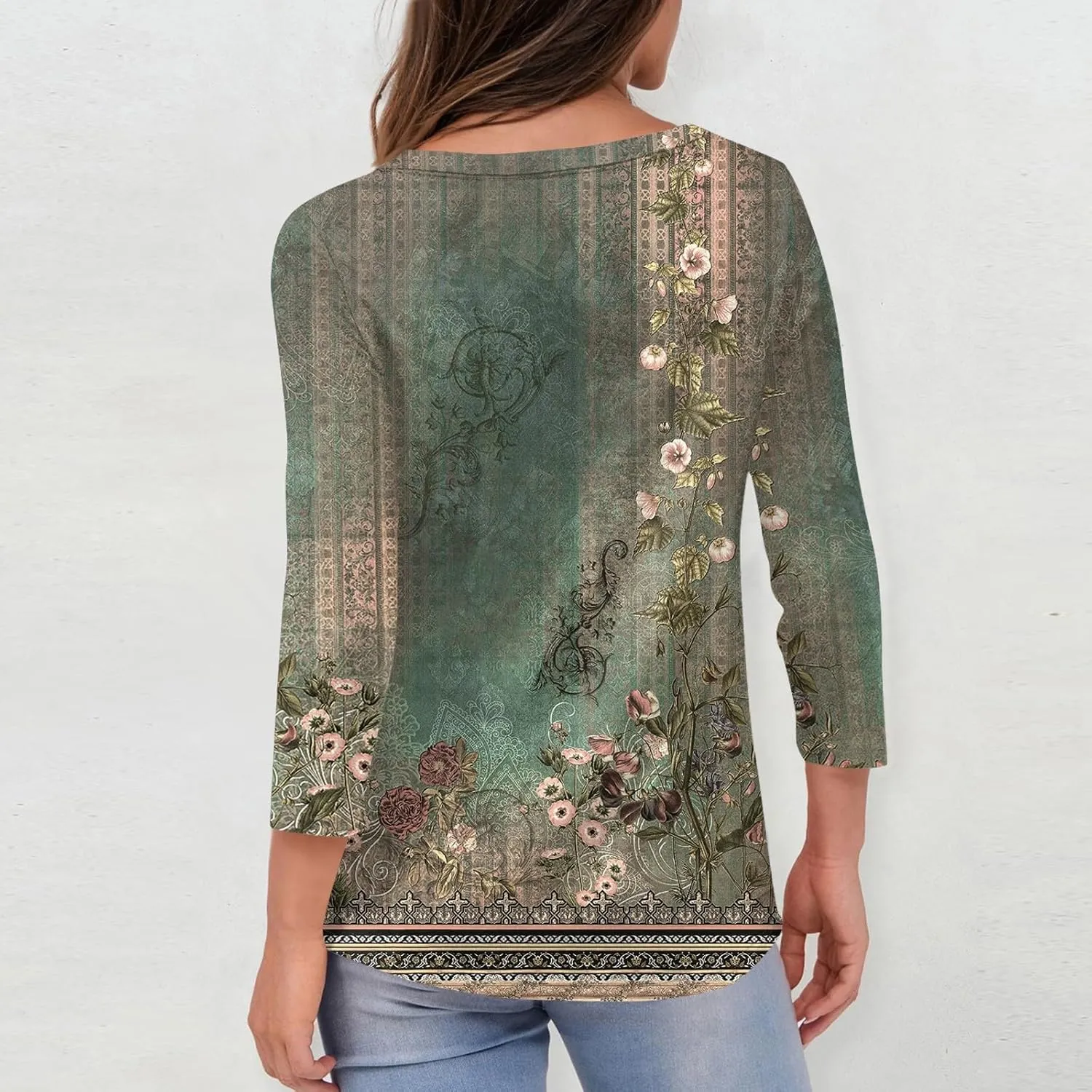 3/4 Length Sleeve Womens Tops Boho Printed V Neck T Shirts Cozy Casual Loose Plus Size Shirts