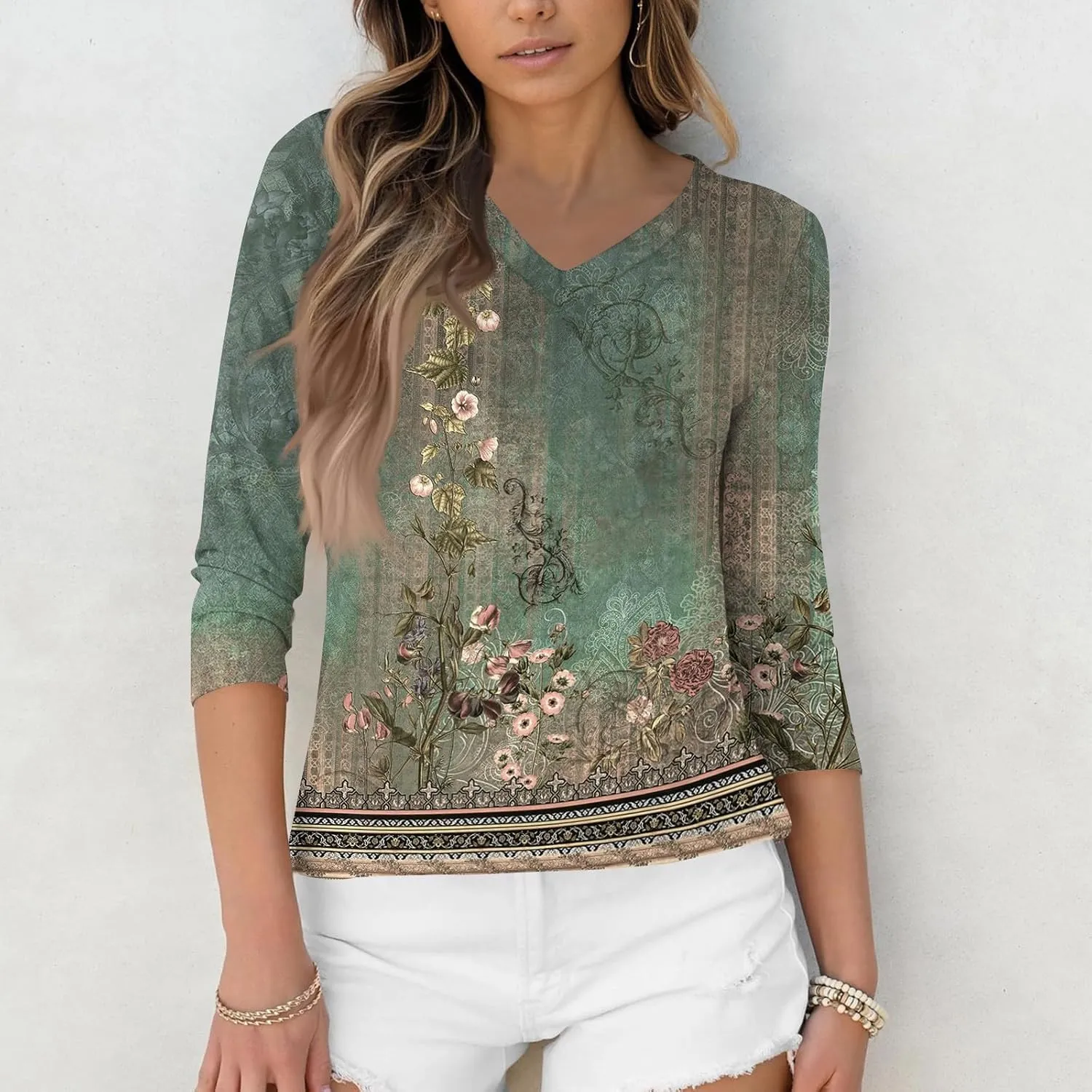 3/4 Length Sleeve Womens Tops Boho Printed V Neck T Shirts Cozy Casual Loose Plus Size Shirts