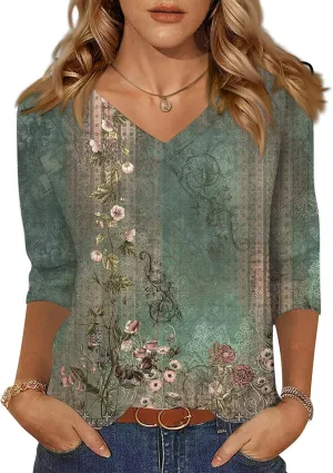 3/4 Length Sleeve Womens Tops Boho Printed V Neck T Shirts Cozy Casual Loose Plus Size Shirts