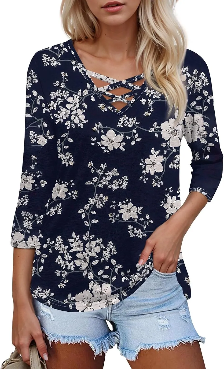 3/4 Length Sleeve Womens Tops Cross Collar Floral Print Lightweight Going Out T-Shirts Summer Casual Fashion Tees 2025