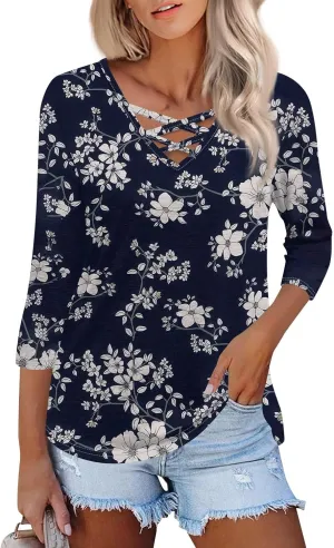 3/4 Length Sleeve Womens Tops Cross Collar Floral Print Lightweight Going Out T-Shirts Summer Casual Fashion Tees 2025
