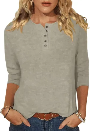 3/4 Length Sleeve Womens Tops Henley Crewneck Button Up T Shirts Dressy Casual Blouse Tunics 2024 Fall Trendy Clothes