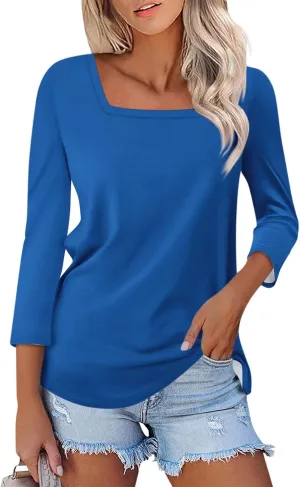 3/4 Length Sleeve Womens Tops Square Neck Casual Cute Shirts Three Quarter Length Dressy Blouses Workout Tunic Tops