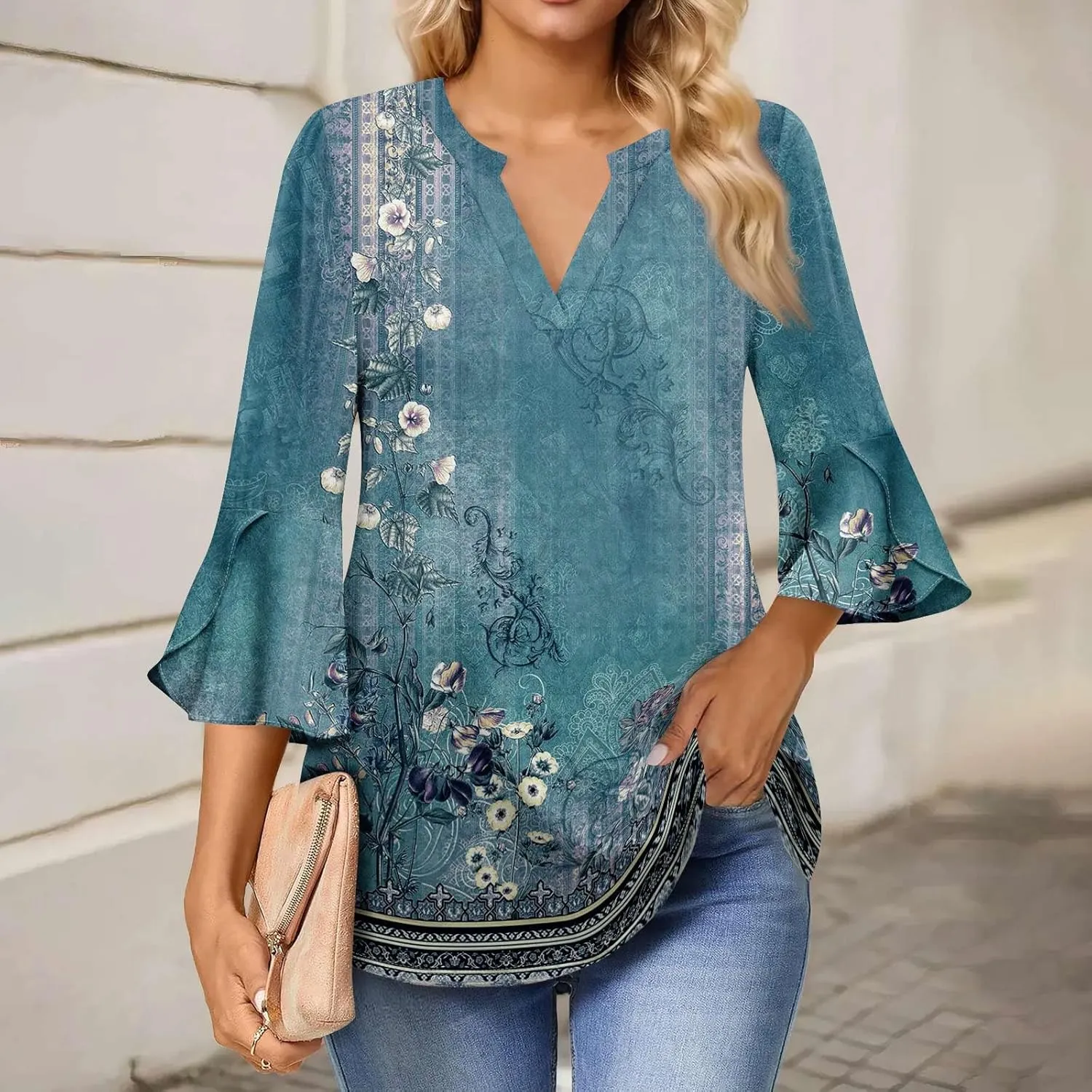 3/4 Length Sleeve Womens Tops V Neck Spring Outfits 2025 Trendy Petal Bell Sleeve Fitted Tunics Tops Shirts
