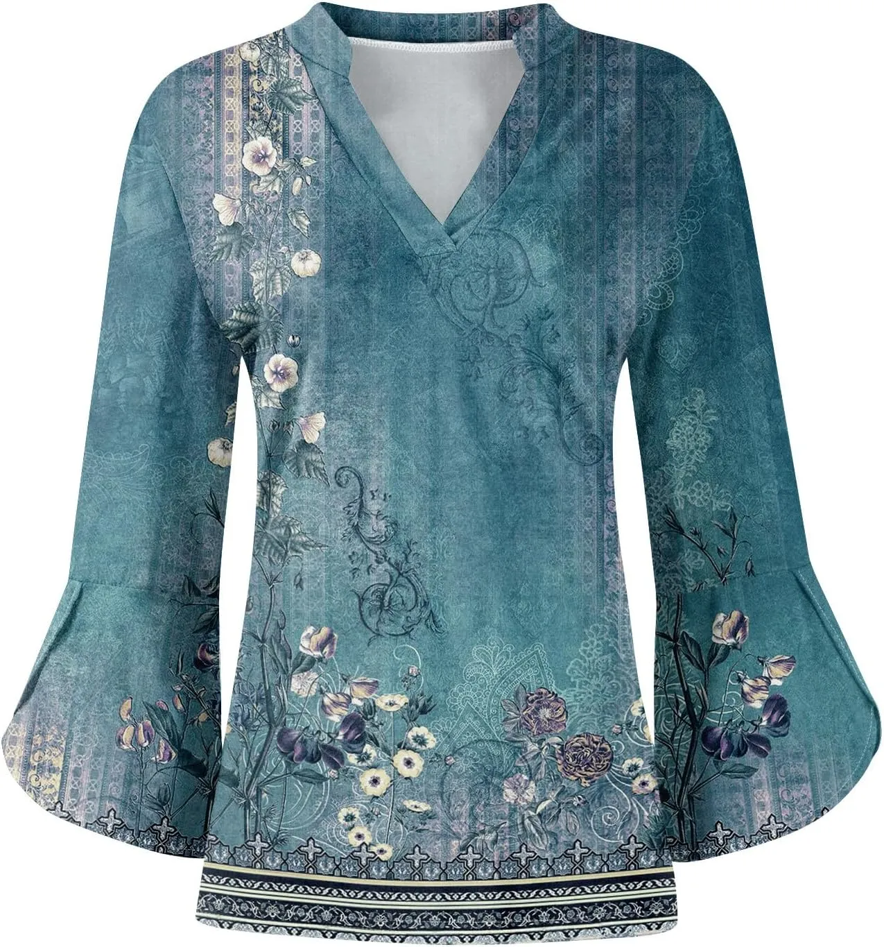 3/4 Length Sleeve Womens Tops V Neck Spring Outfits 2025 Trendy Petal Bell Sleeve Fitted Tunics Tops Shirts