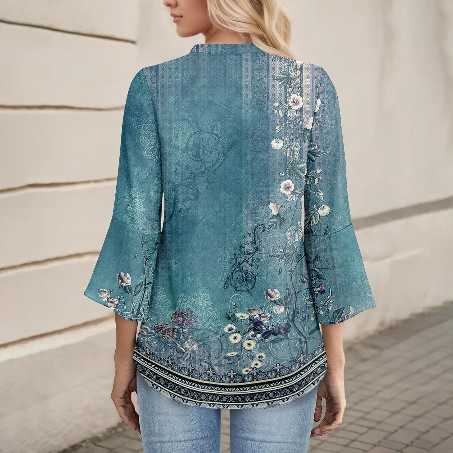 3/4 Length Sleeve Womens Tops V Neck Spring Outfits 2025 Trendy Petal Bell Sleeve Fitted Tunics Tops Shirts