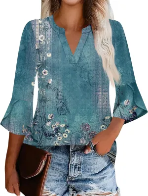 3/4 Length Sleeve Womens Tops V Neck Spring Outfits 2025 Trendy Petal Bell Sleeve Fitted Tunics Tops Shirts
