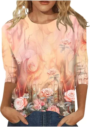 3/4 Length Sleeve Womens Tops Women's Casual Round Neck Tunic Tops Basic Tees Blouses Loose Fit Business Work Tee 2025 Summer