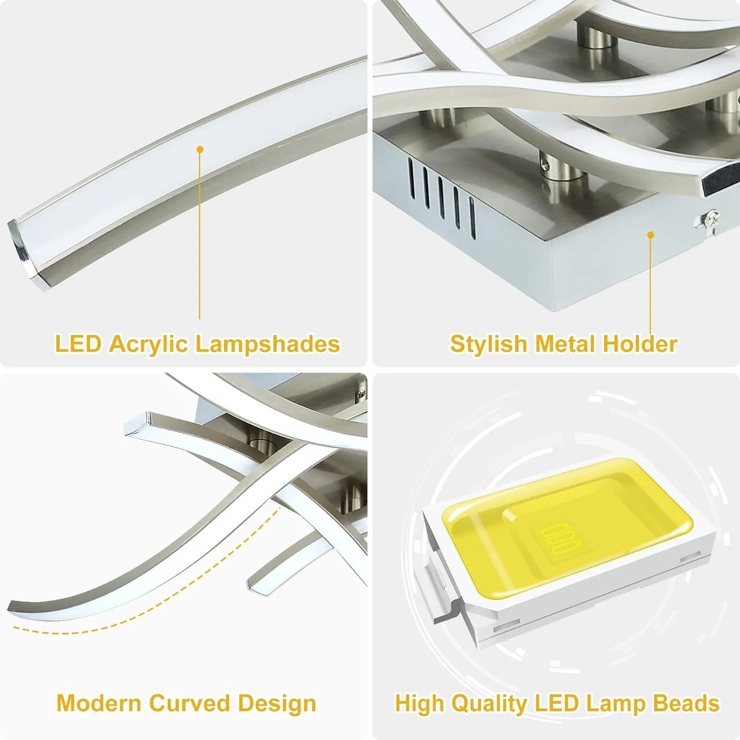 4-Light Modern LED Ceiling Light, 18W Curved Design Ceiling Lamp Fixture Brushed Nickel, 3000K 1650LM Flush Mount Ceiling Lights