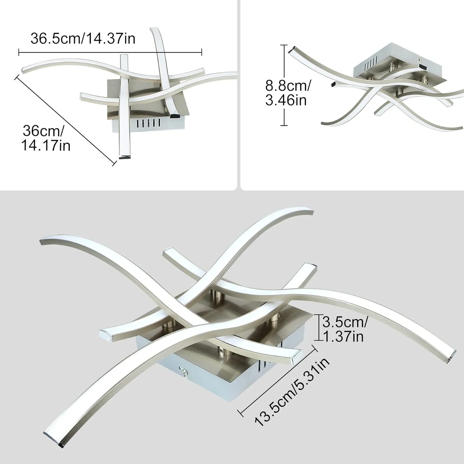 4-Light Modern LED Ceiling Light, 18W Curved Design Ceiling Lamp Fixture Brushed Nickel, 3000K 1650LM Flush Mount Ceiling Lights