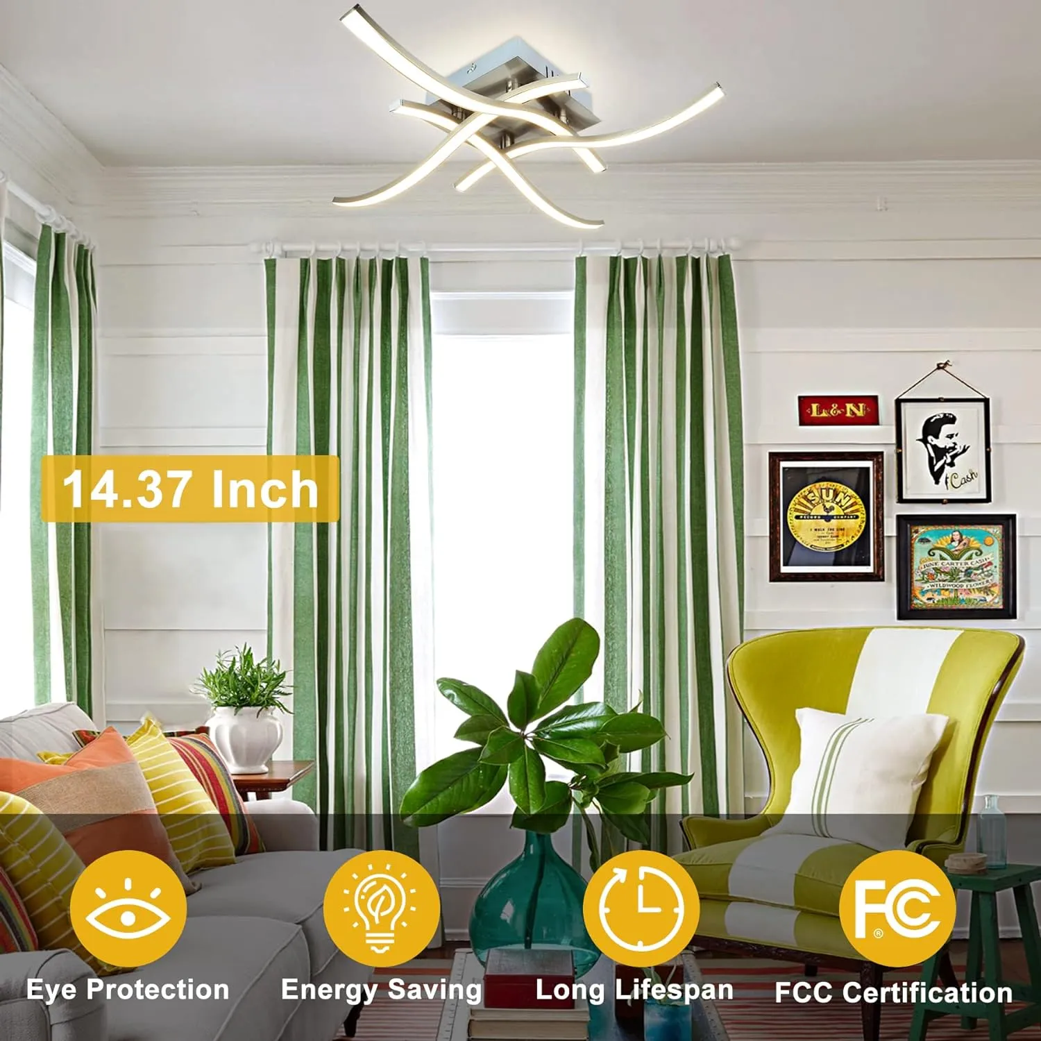 4-Light Modern LED Ceiling Light, 18W Curved Design Ceiling Lamp Fixture Brushed Nickel, 3000K 1650LM Flush Mount Ceiling Lights