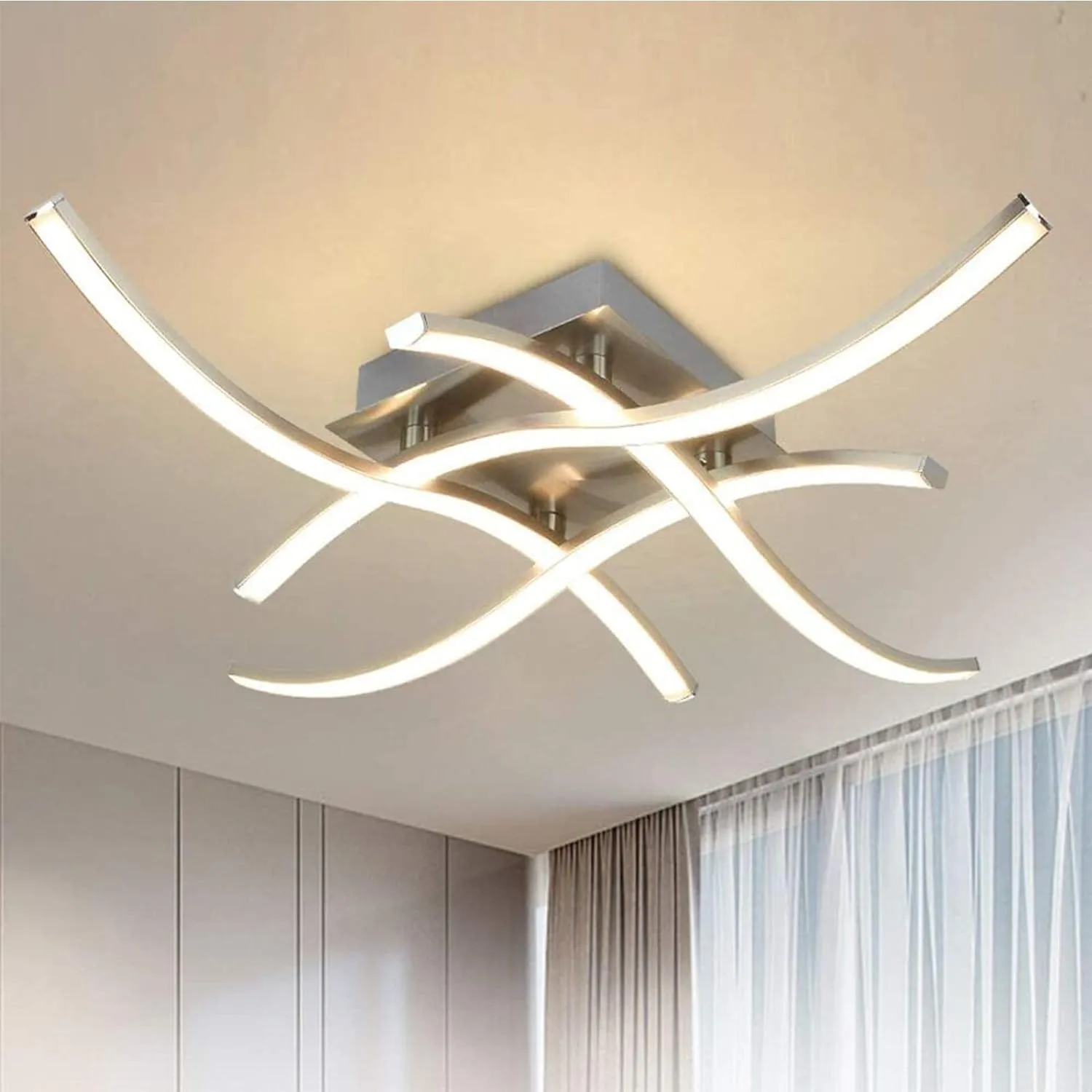 4-Light Modern LED Ceiling Light, 18W Curved Design Ceiling Lamp Fixture Brushed Nickel, 3000K 1650LM Flush Mount Ceiling Lights
