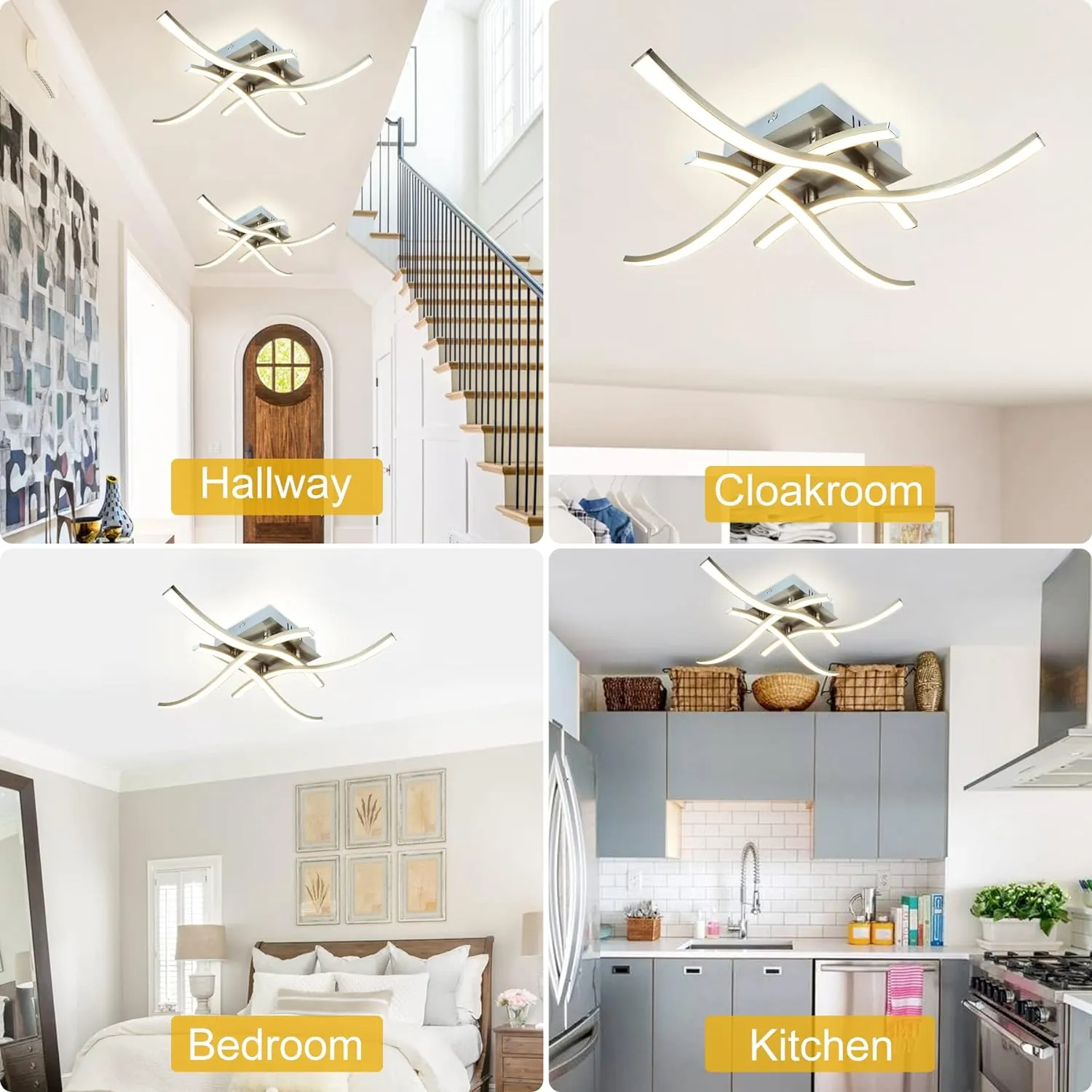 4-Light Modern LED Ceiling Light, 18W Curved Design Ceiling Lamp Fixture Brushed Nickel, 3000K 1650LM Flush Mount Ceiling Lights