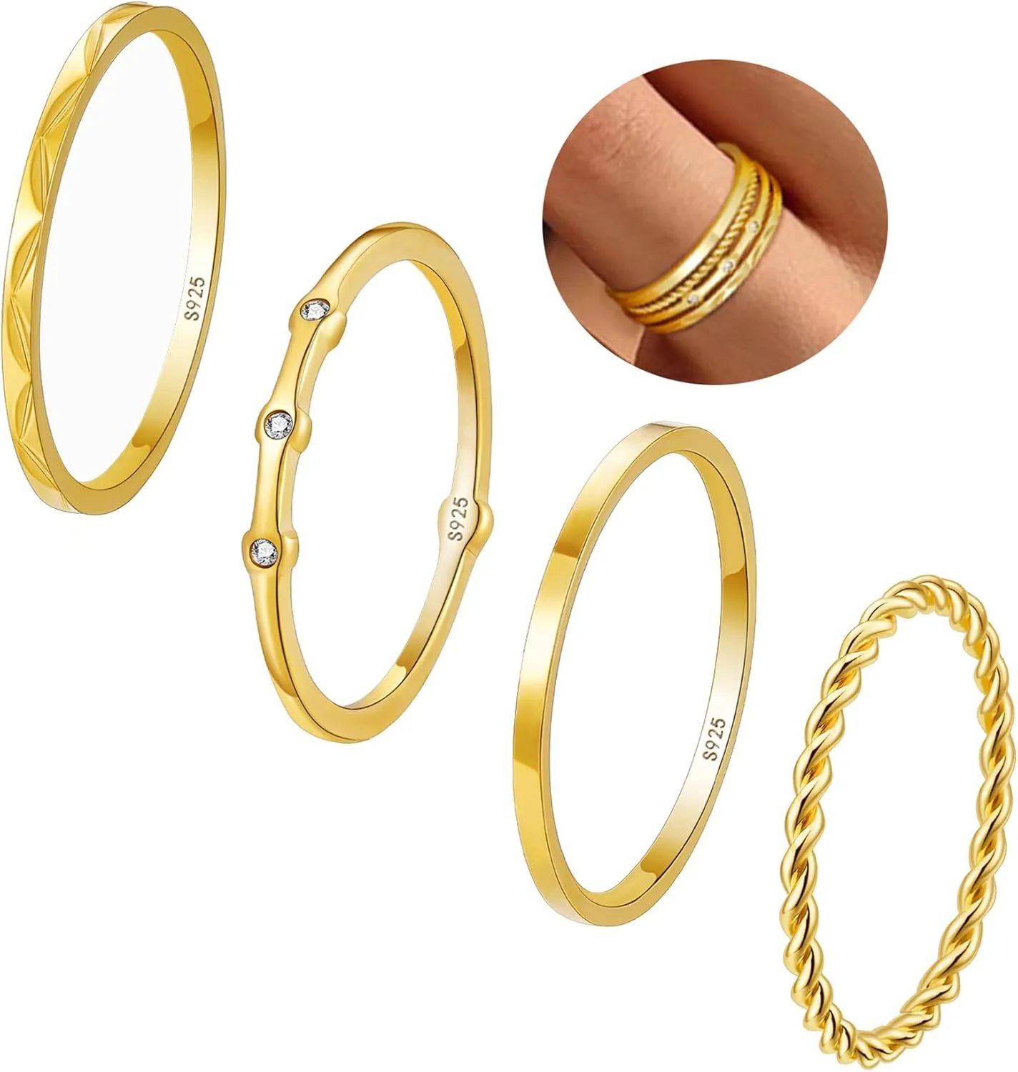 4PC S925 Sterling Silver Rings for Women, 14k Gold Filled Plated Stackable Thin Thumb Ring Non Tarnish Set Cubic Zirconia Dainty Stack Gold Knuckle Rings Set Size 6-10