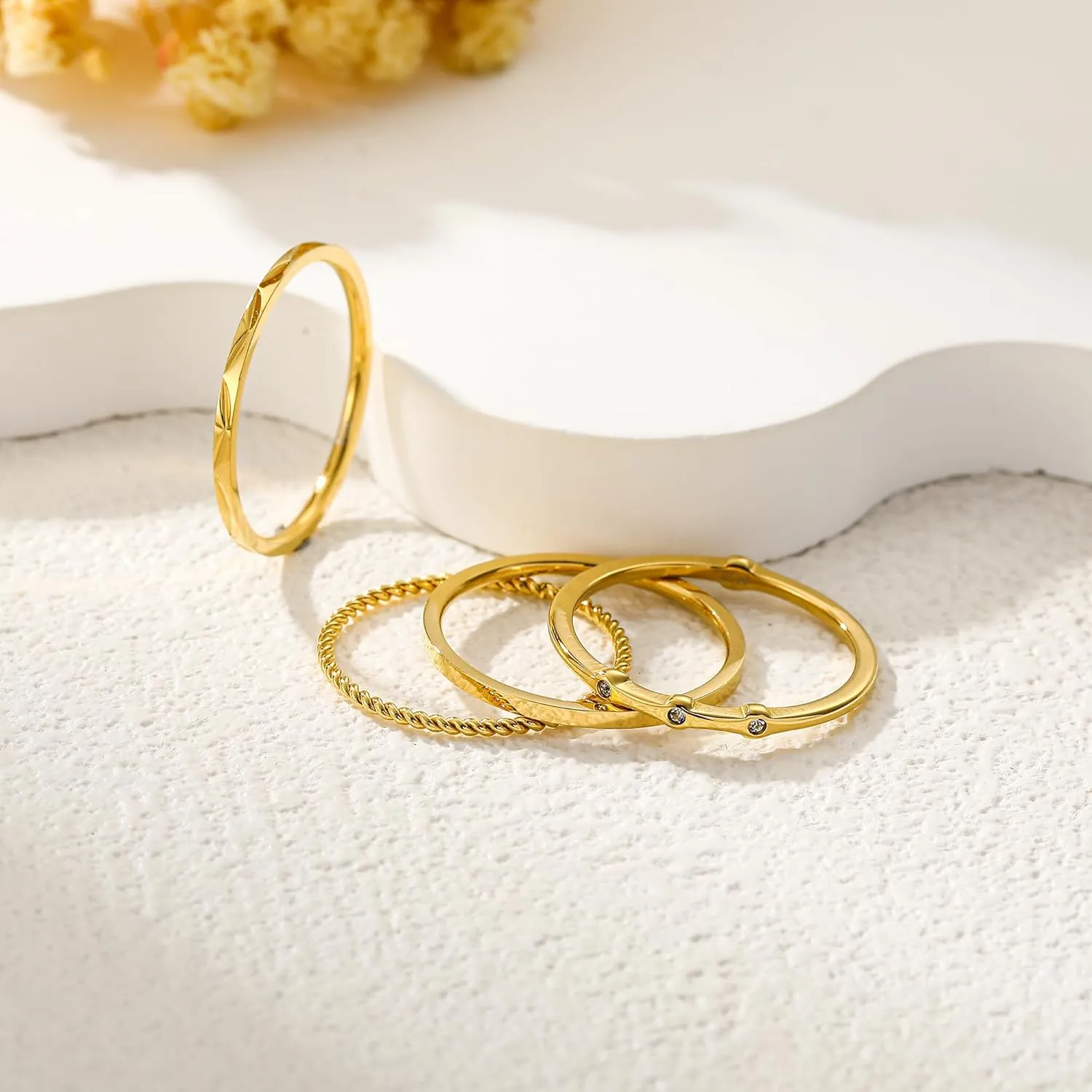 4PC S925 Sterling Silver Rings for Women, 14k Gold Filled Plated Stackable Thin Thumb Ring Non Tarnish Set Cubic Zirconia Dainty Stack Gold Knuckle Rings Set Size 6-10