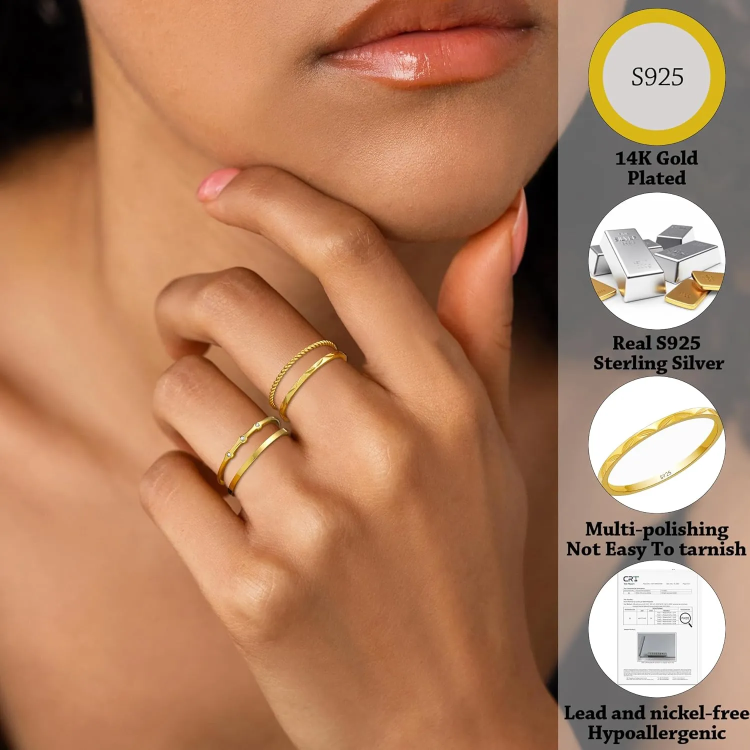 4PC S925 Sterling Silver Rings for Women, 14k Gold Filled Plated Stackable Thin Thumb Ring Non Tarnish Set Cubic Zirconia Dainty Stack Gold Knuckle Rings Set Size 6-10