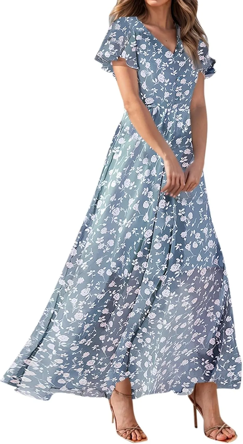 4Th of July Maxi Dresses for Women 2025 Summer Chiffon Ruffle Flowy Swing A Line Dress Short Sleeve Floral Frocks